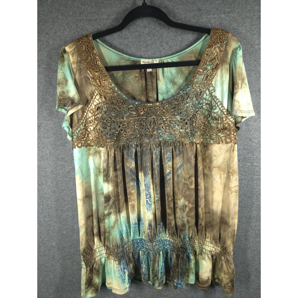 One World Womens 1X Boho Tie Dye Top Crochet Lace Scoop‎ Neck Short Sleeve Boho